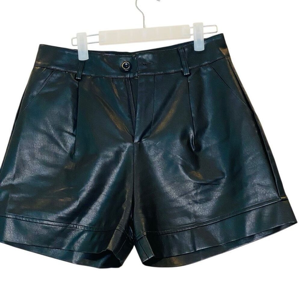 Pretty Little Thing High Rise Pleated Front Faux Leather Shorts Black Medium